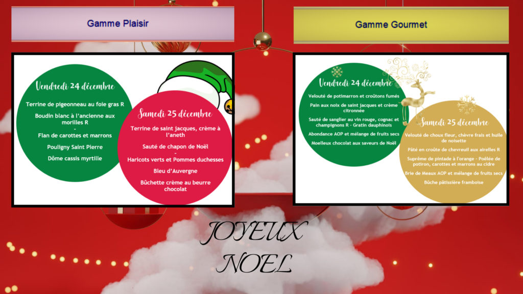 Menus proposés pour Noel 2021 aux Menus Services