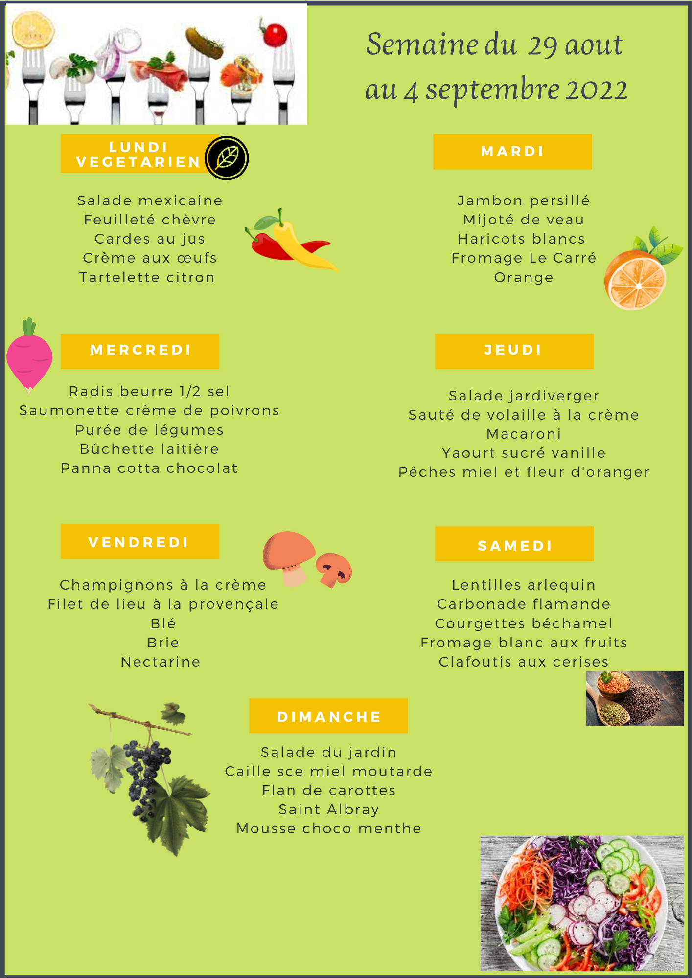 Menu de la semaine du 29 au 4 septembre 2022. - Les Menus Services