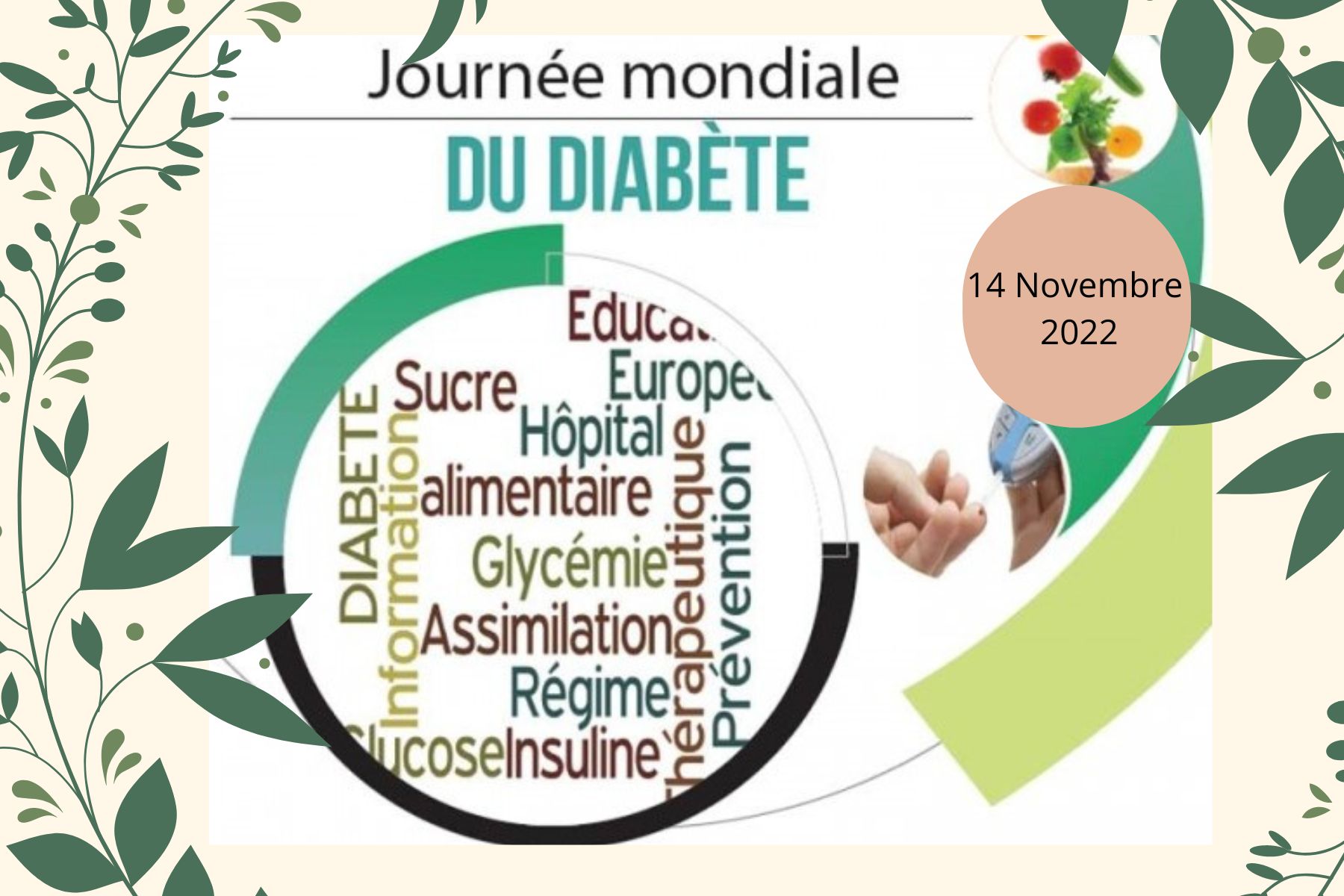 Journée Mondiale du diabète le 14 novembre 2022 avec son logo et ses différentes prise en charge