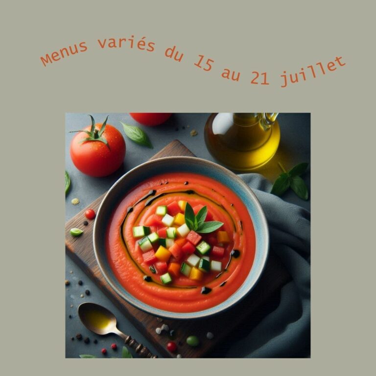 Un bol de gaspacho avec une garniture de dés de légumes et un filet d'huile d'olive.