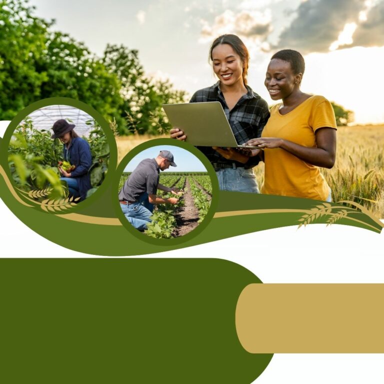 L'image montre deux femmes souriantes dans un champ, utilisant un ordinateur portable, symbolisant l'agriculture moderne. En arrière-plan, des cercles illustrent des agriculteurs dans travaillant des serres et des champs.