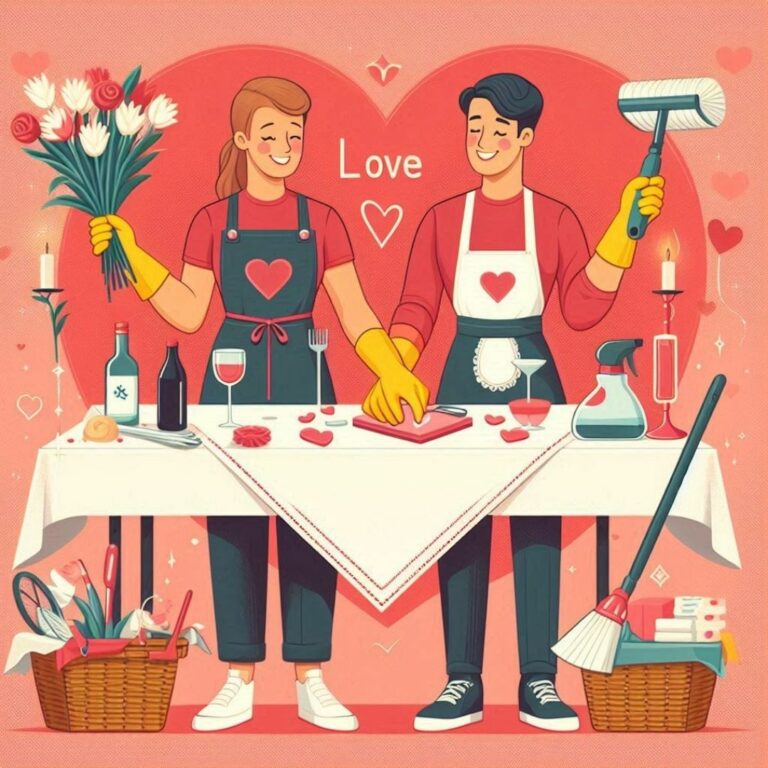 Une illustration chaleureuse représentant un couple cuisinant ensemble. Ils semblent être en train de préparer un repas romantique, entourés de fleurs et de bougies.