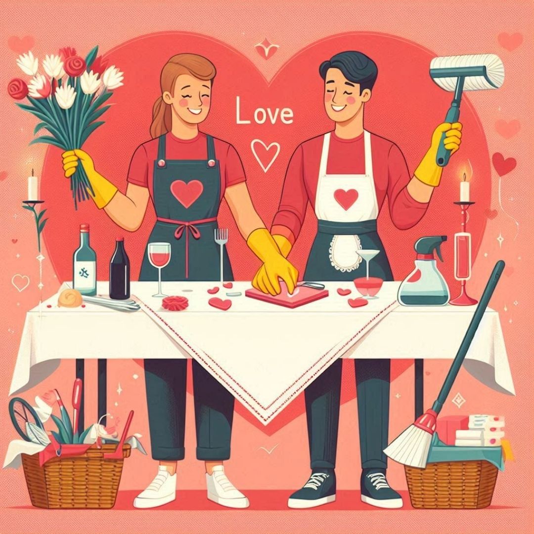Une illustration chaleureuse représentant un couple cuisinant ensemble. Ils semblent être en train de préparer un repas romantique, entourés de fleurs et de bougies.