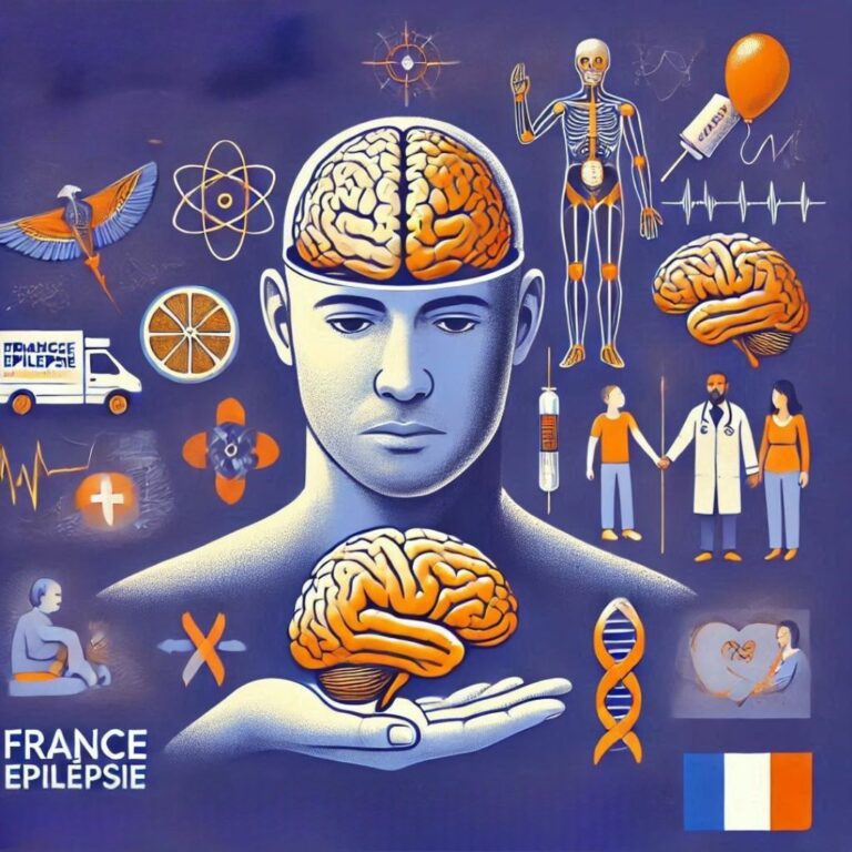 cerveau humain au centre d'une composition complexe. Il est entouré d'éléments évoquant la science (atomes, molécules), la médecine (seringue, cœur), la vie quotidienne (oiseau, fleur) et le contexte français (drapeau). Le cerveau est mis en évidence par des couleurs vives et est associé à un visage humain, suggérant une approche à la fois scientifique et humaine de l'épilepsie, le thème central de l'illustration.