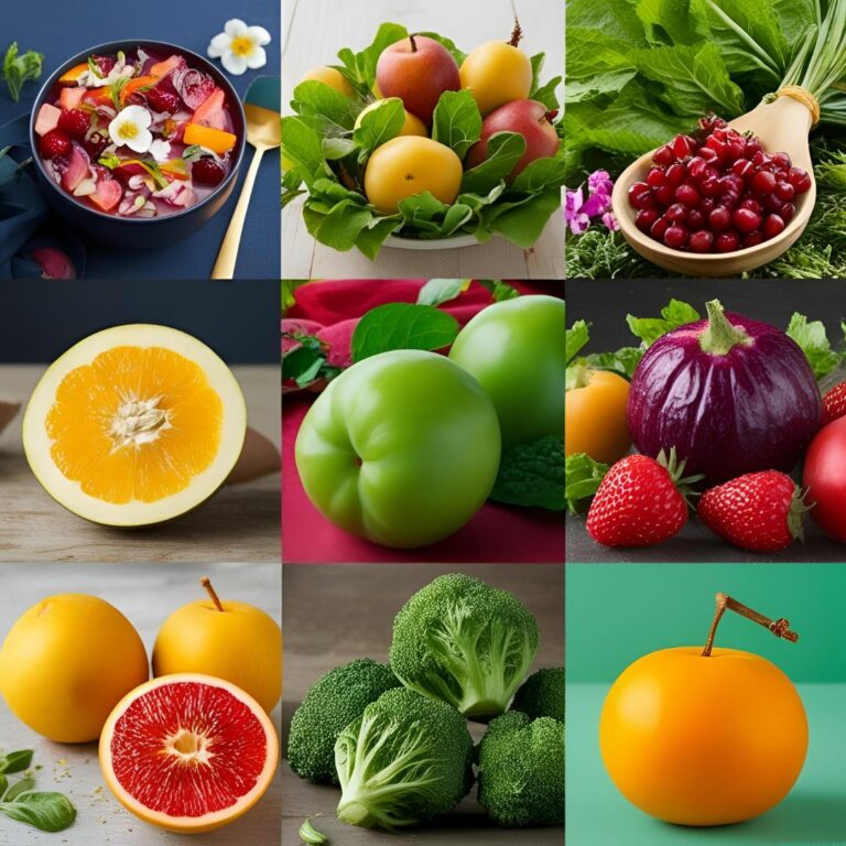 Ce collage vibrant présente une variété de fruits et légumes frais, coupés et entiers, dans un agencement coloré. Des oranges juteuses aux brocolis verts, en passant par des fraises rouges et des pommes vertes, cette image illustre la diversité et la richesse des aliments sains.