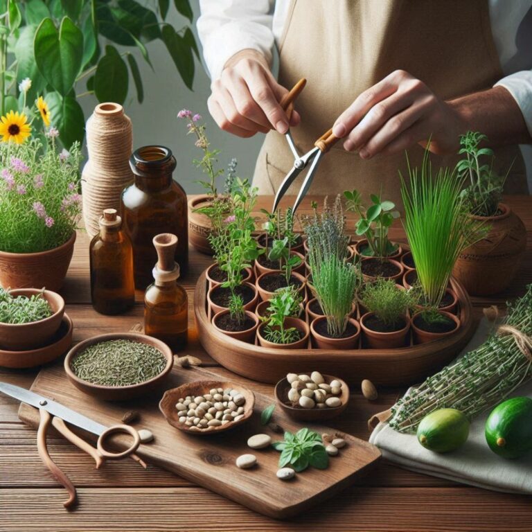 L'image regorge de détails intrigants : des bocaux en verre remplis de feuilles séchées, des graines, des outils de jardinage et même un livre de recettes ouvert à une page gourmande. Un véritable hymne à la nature et à la passion des saveurs authentiques.