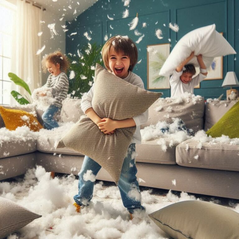 Enfants qui jouent ensemble en faisant une bataille d'oreillers tout en souriant et en s'amusant.