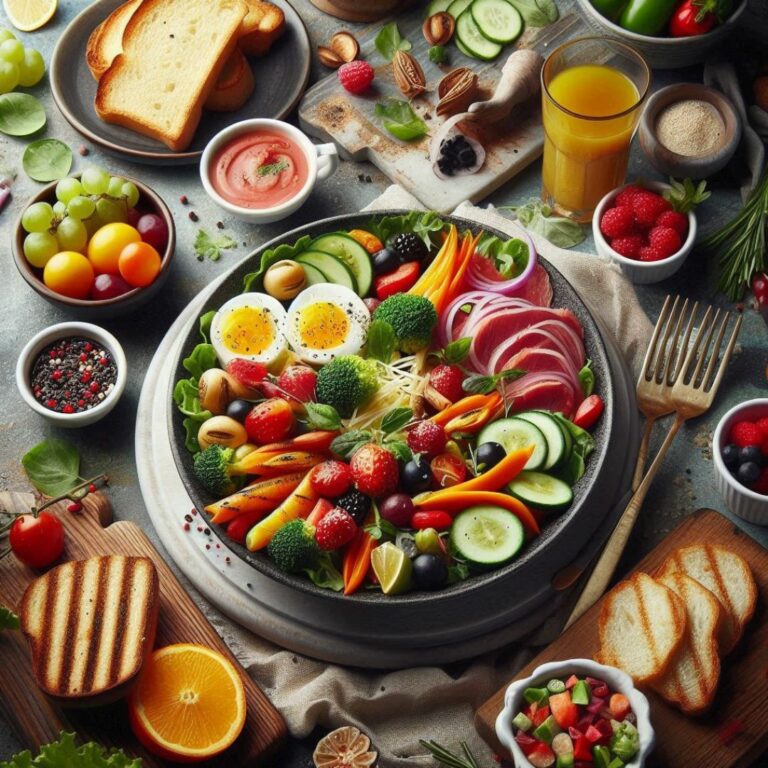 composition soignée d'un repas sain et coloré. Au centre, un grand bol rempli de divers ingrédients frais : légumes, fruits, œufs durs, et ce qui semble être des nouilles. Autour, des assiettes et bols plus petits contiennent des éléments supplémentaires tels que des toasts, des fruits rouges, une boisson orangée, et une petite salade. L'ensemble est disposé sur une table claire, avec des couverts et des planches à découper en bois, créant une atmosphère appétissante et équilibrée.