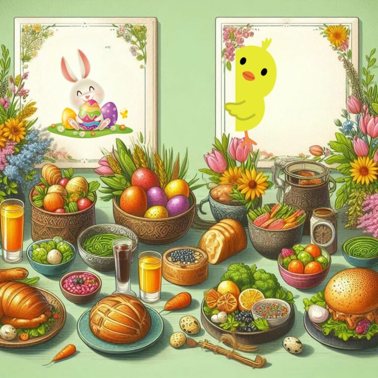 table de fête de Pâques avec une variété de plats, des œufs colorés, et des décorations florales. Deux cadres ornent l'arrière-plan, l'un avec un lapin de Pâques et l'autre avec un poussin jaune.