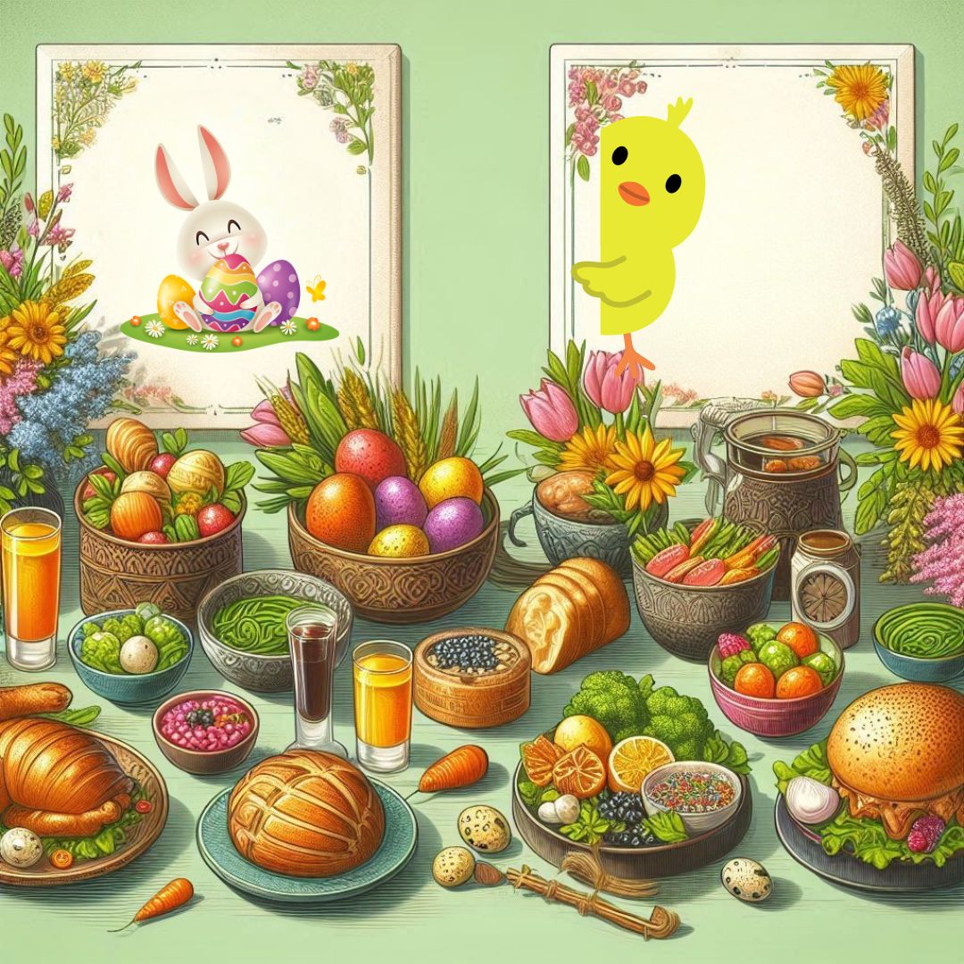 table de fête de Pâques avec une variété de plats, des œufs colorés, et des décorations florales. Deux cadres ornent l'arrière-plan, l'un avec un lapin de Pâques et l'autre avec un poussin jaune.