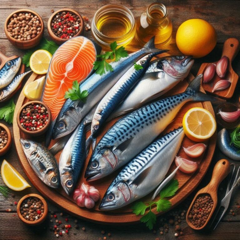 Un assortiment de poissons gras (saumon, sardines, maquereau) sur une planche en bois.