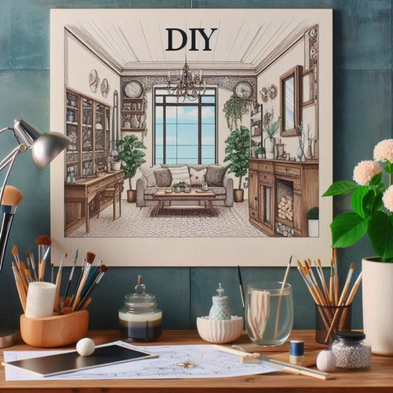 atelier d'artiste avec une toile encadrée portant l'inscription "DIY" et représentant une pièce décorée. La toile est entourée de pinceaux, de pots de peinture et d'autres outils d'art, suggérant un projet de décoration intérieure à faire soi-même.