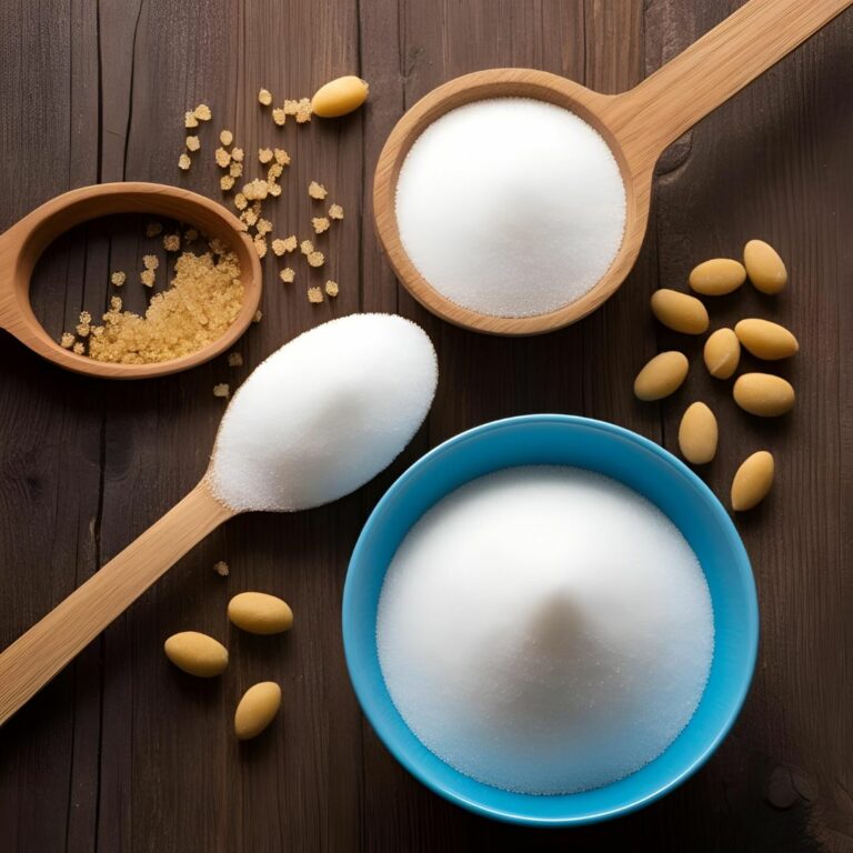 L'image présente différents types de sucre (blanc, roux) dans des récipients variés (bol, cuillères en bois) sur une table en bois, avec quelques bonbons jaunes dispersés.