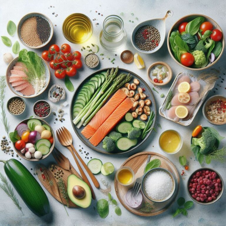 composition harmonieuse d'ingrédients frais et sains. On y voit du saumon, des asperges, des concombres, des tomates cerises, des avocats, des légumes verts (brocoli, épinards), des légumineuses (lentilles, pois chiches), des herbes aromatiques, et des assaisonnements (sel, huile). Les aliments sont disposés de manière esthétique sur une surface claire, évoquant une cuisine équilibrée et naturelle.