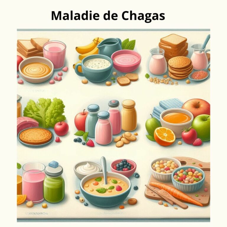 L'image est un collage de neuf photos présentant une variété d'aliments sains et colorés, tels que des fruits, des légumes, des produits laitiers et des céréales, le tout sous le titre "Maladie de Chagas".