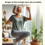 femme d'âge mûr faisant de l'exercice avec un squelette miniature à la main. Elle est vêtue de vêtements de sport et effectue un mouvement de squat dans un espace intérieur lumineux, avec des fruits et une plante en arrière-plan. Un texte en français en haut de l'image dit "Bouger et bien manger pour des os solides