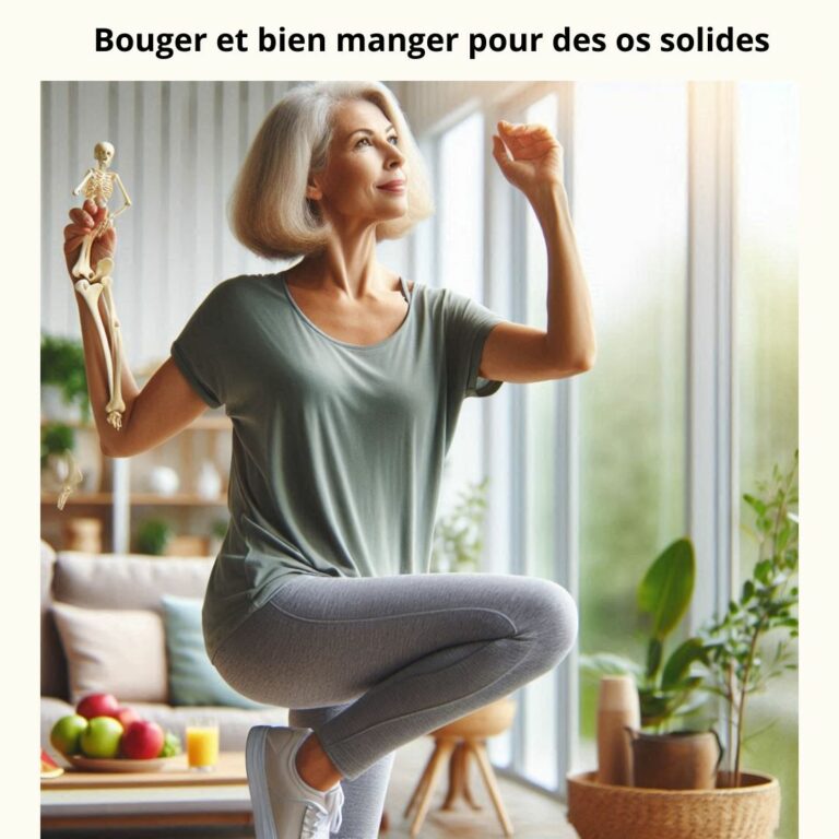 femme d'âge mûr faisant de l'exercice avec un squelette miniature à la main. Elle est vêtue de vêtements de sport et effectue un mouvement de squat dans un espace intérieur lumineux, avec des fruits et une plante en arrière-plan. Un texte en français en haut de l'image dit "Bouger et bien manger pour des os solides