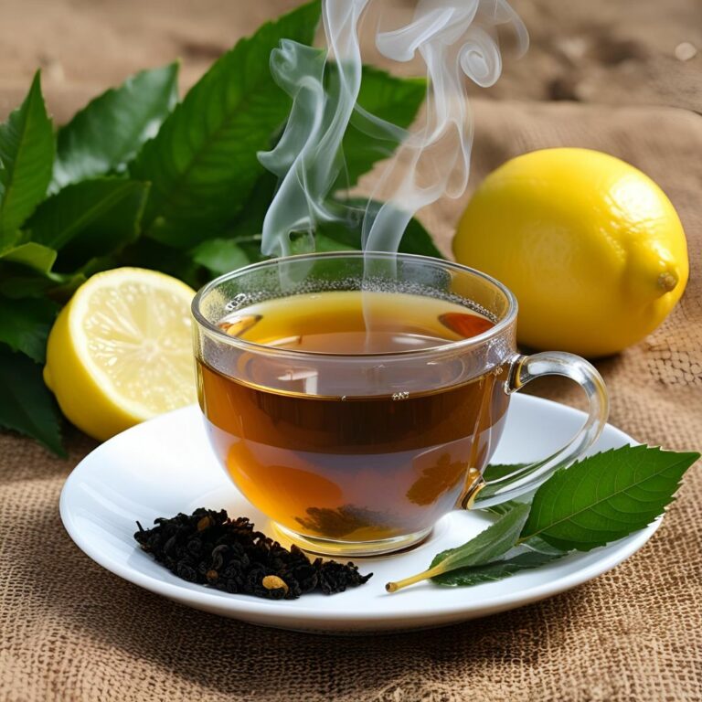 Tasse de thé fumante avec des ingrédients autour (thé en vrac, citron, feuilles fraîches) sur fond naturel.