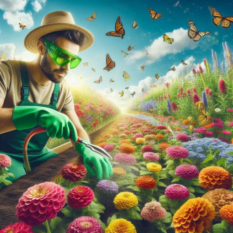 homme jardinant au milieu d'un parterre de fleurs colorées. Il porte un chapeau, des lunettes de protection vertes et des gants de jardinage. Des papillons monarques volent autour de lui et des fleurs. Le ciel est bleu avec quelques nuages.