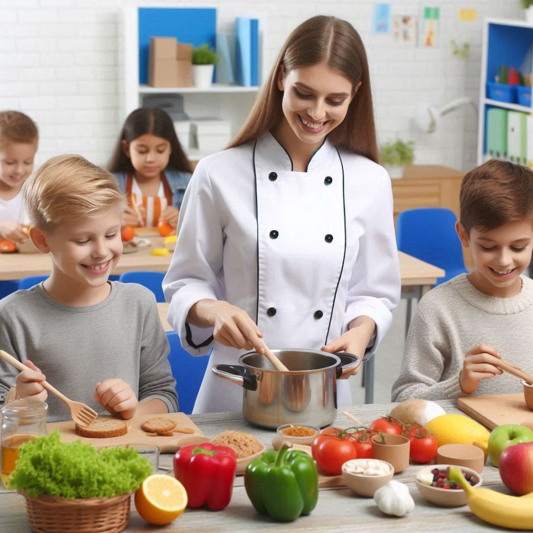 enfant d'age different dans une classe d'ecole qui cuisine avec une dieteticienne pour montrer l'importance d'une alimentation equilibrée