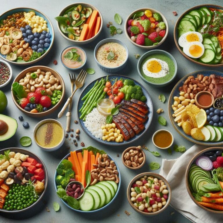 composition de plusieurs bols remplis d'ingrédients frais et colorés, suggérant un repas sain et équilibré. On y voit des protéines (poulet grillé, œufs), des légumes (brocolis, carottes, concombres, tomates), des fruits (myrtilles, fraises), des noix et des graines, ainsi que des sauces et des soupes. La disposition est soignée, avec une vue aérienne qui met en valeur la variété et l'esthétique des aliments.