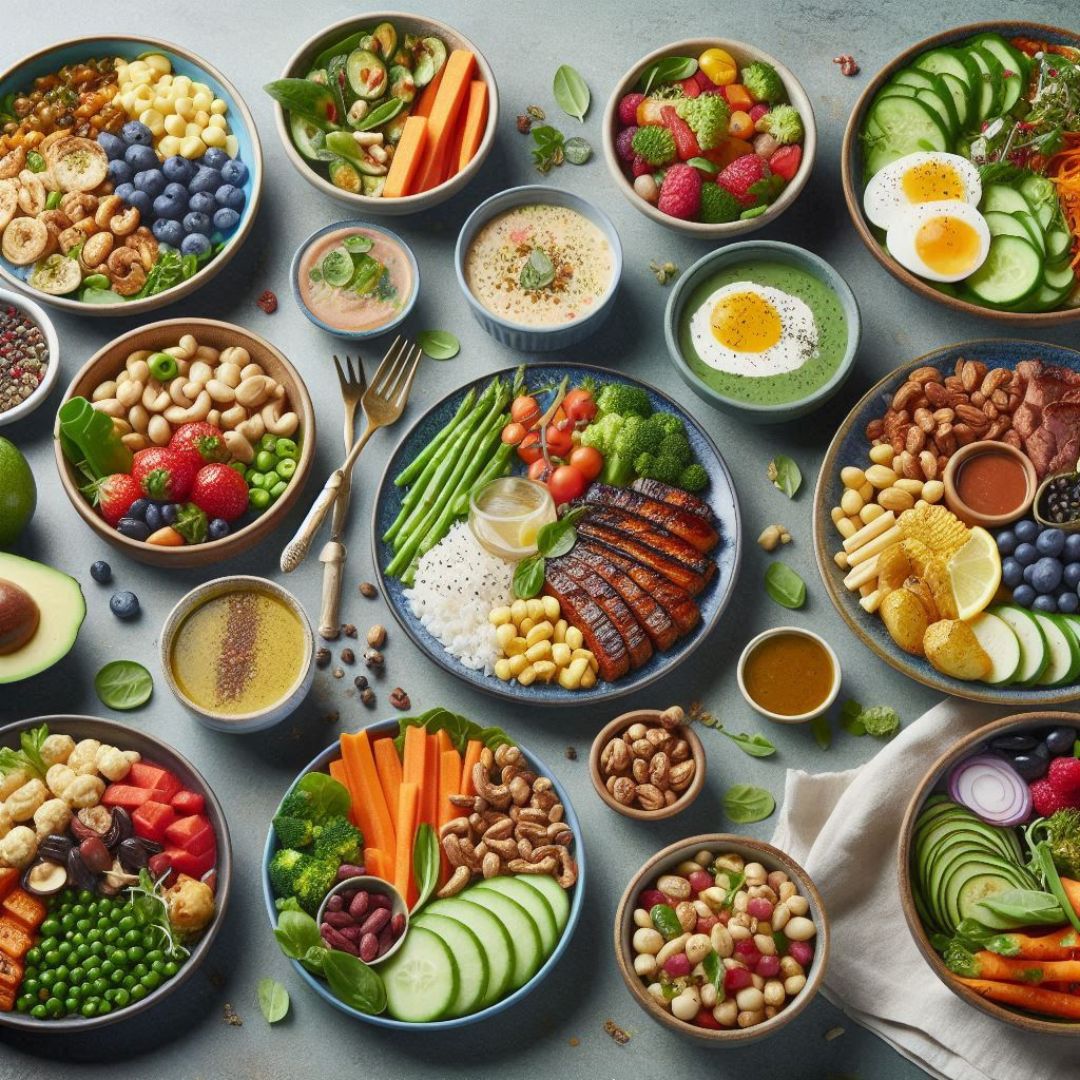 composition de plusieurs bols remplis d'ingrédients frais et colorés, suggérant un repas sain et équilibré. On y voit des protéines (poulet grillé, œufs), des légumes (brocolis, carottes, concombres, tomates), des fruits (myrtilles, fraises), des noix et des graines, ainsi que des sauces et des soupes. La disposition est soignée, avec une vue aérienne qui met en valeur la variété et l'esthétique des aliments.
