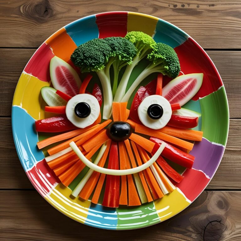 Assiette colorée en forme d’animaux ou de visages rigolos avec des légumes crus ou cuits.