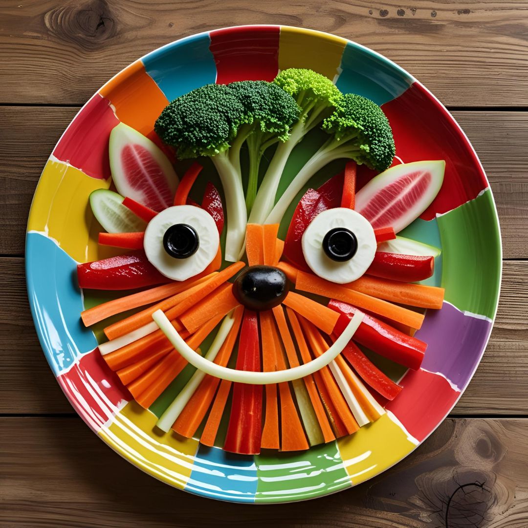 Assiette colorée en forme d’animaux ou de visages rigolos avec des légumes crus ou cuits.