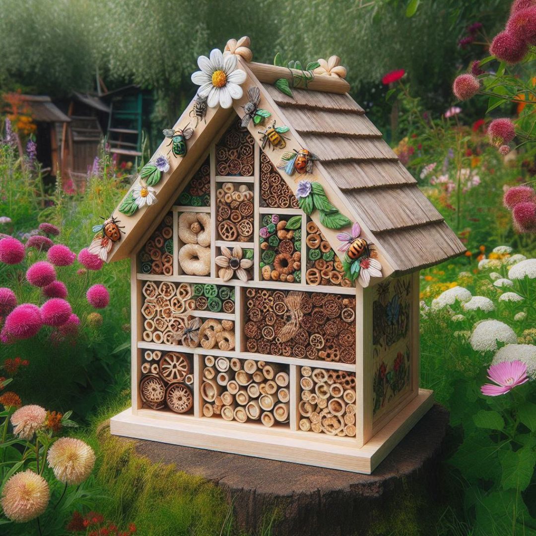 Photo d’un hôtel à insectes terminé, installé dans un jardin en fleurs.