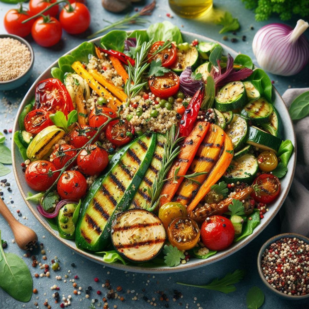 Une grande salade colorée (quinoa, légumes grillés, herbes fraîches)