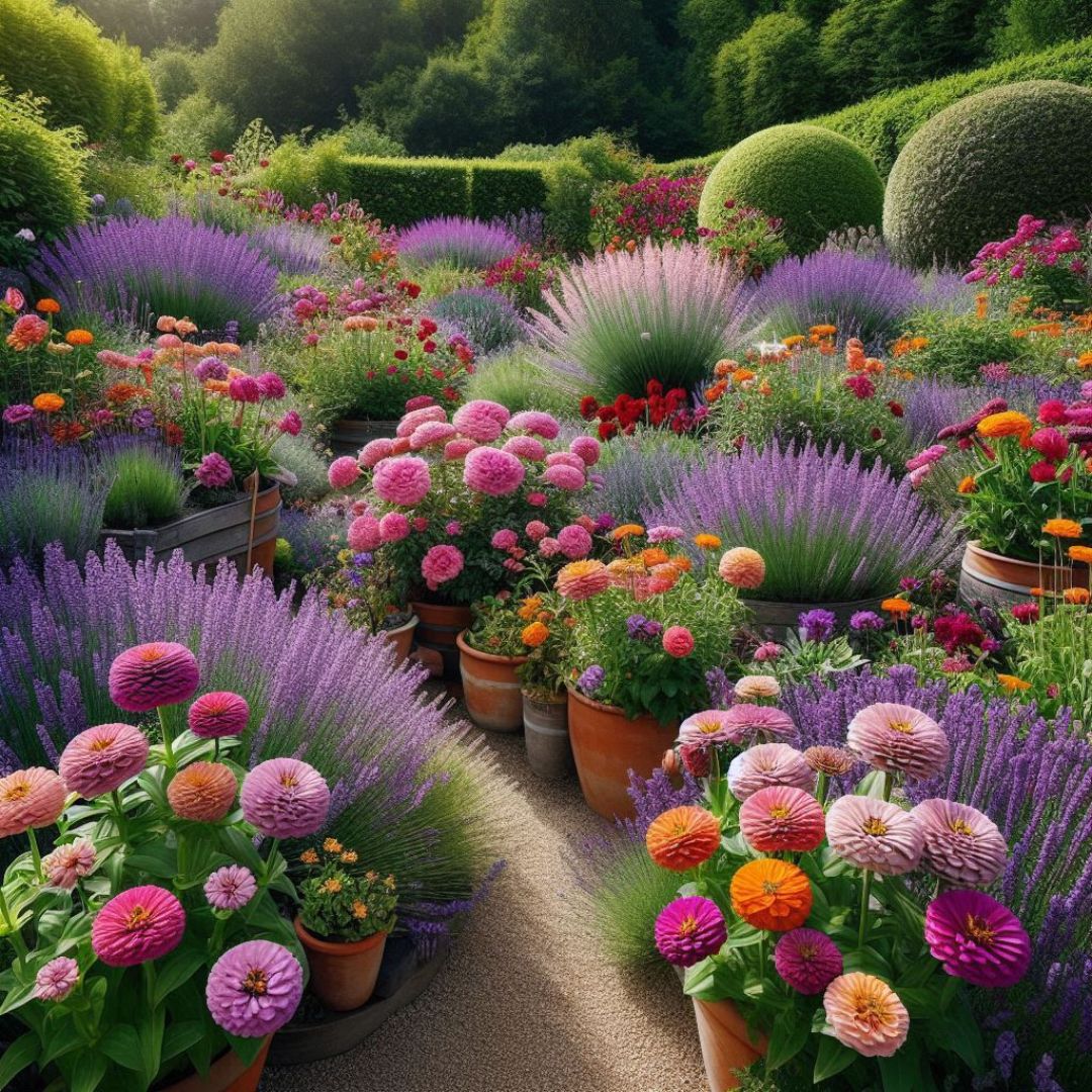 Un jardin fleuri en été avec des massifs colorés (zinnias, cosmos, lavande)