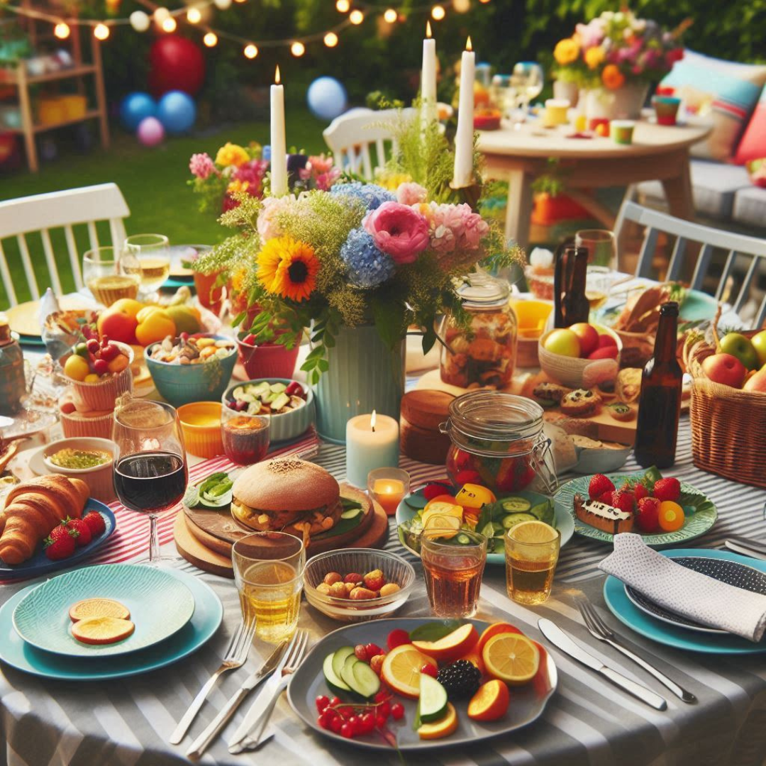 Table festive en extérieur, avec des plats colorés, ambiance conviviale (type fête de quartier ou jardin).