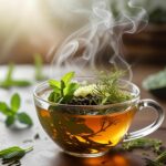 Un visuel de tisane ou d’herbes digestives (menthe, verveine, fenouil)
