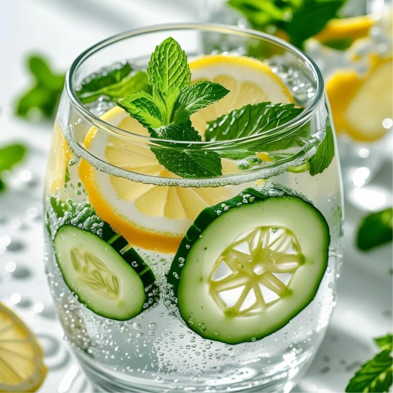 Un verre d’eau infusée avec fruits frais et herbes, en gros plan.