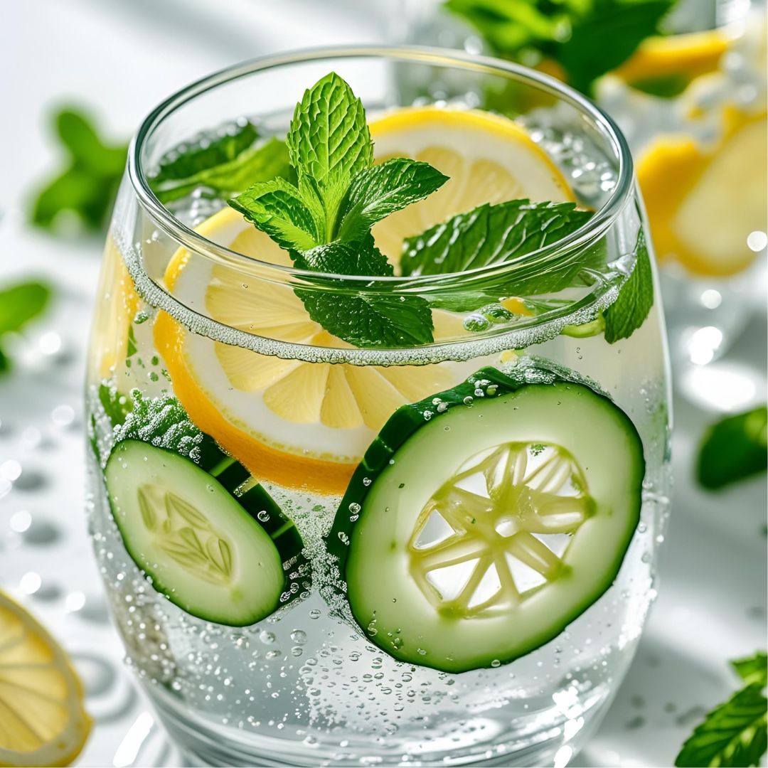 Un verre d’eau infusée avec fruits frais et herbes, en gros plan.