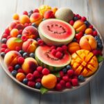 Plateau de fruits de juillet : abricots, melons, pêches, framboises sur fond en bois clair.