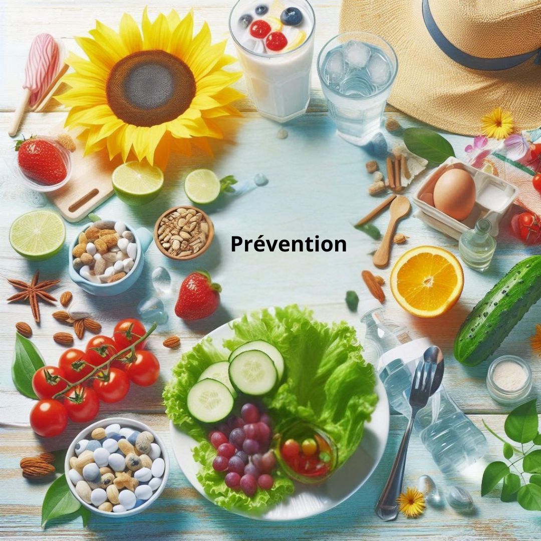 L'image présente une composition variée d'aliments sains et d'objets associés à un mode de vie équilibré, disposés de manière circulaire autour du mot "Prévention" écrit en noir au centre. On y voit des fruits (fraises, cerises, raisins, orange, citron, tomates cerises), des légumes (concombre, laitue), des noix et graines, des œufs, des produits laitiers (yaourt), de l'eau, et des accessoires comme un chapeau de paille et une crème solaire, le tout sur un fond en bois clair. Un grand tournesol est également visible en haut à gauche.