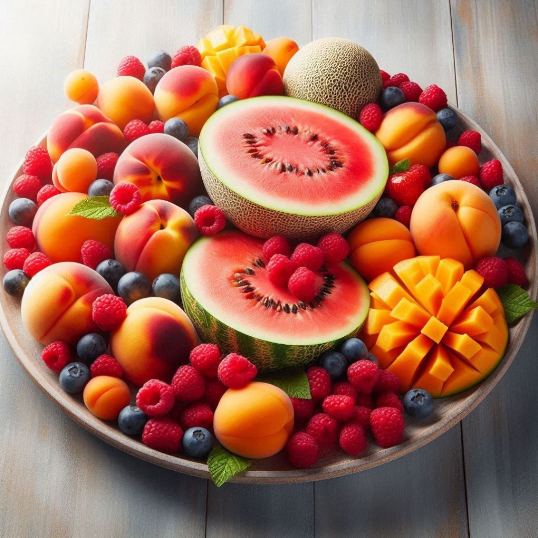 Plateau de fruits de juillet : abricots, melons, pêches, framboises sur fond en bois clair.