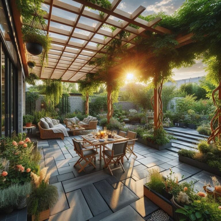 Pergola sur une grande terrasse avec espace ombragé