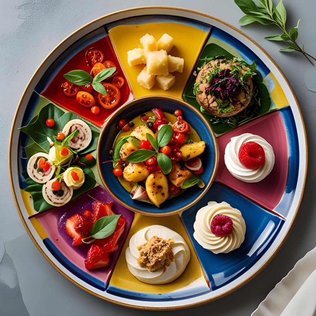 Une vue en plongée d’un plateau-repas complet (entrée, plat, dessert), bien présenté, aux couleurs équilibrées.
