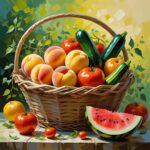 Un panier de fruits et légumes d’été colorés (pêches, tomates, courgettes, pastèque)