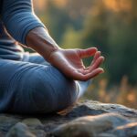 une main posée sur un genou en position de méditation avec un fond flou de nature.