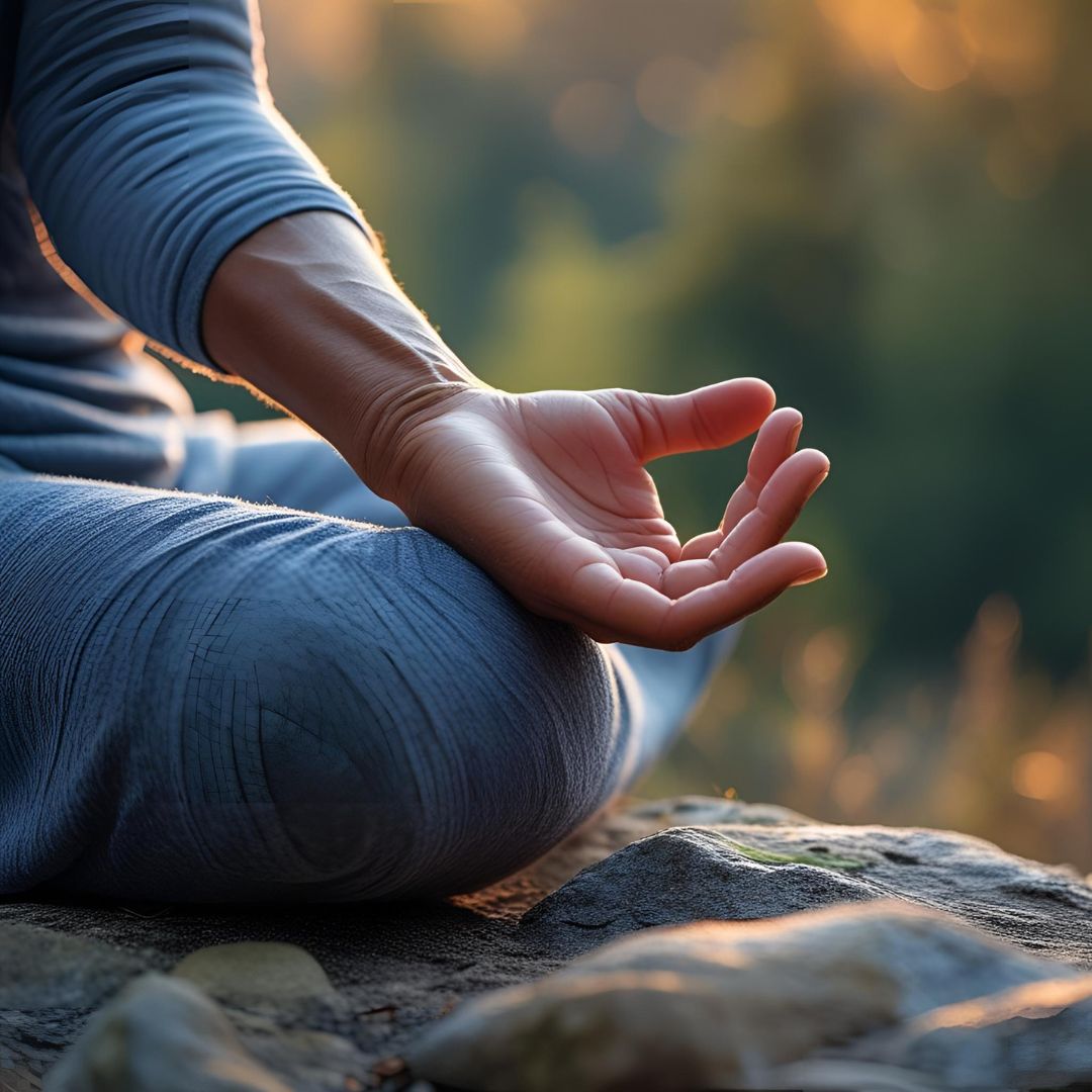 une main posée sur un genou en position de méditation avec un fond flou de nature.