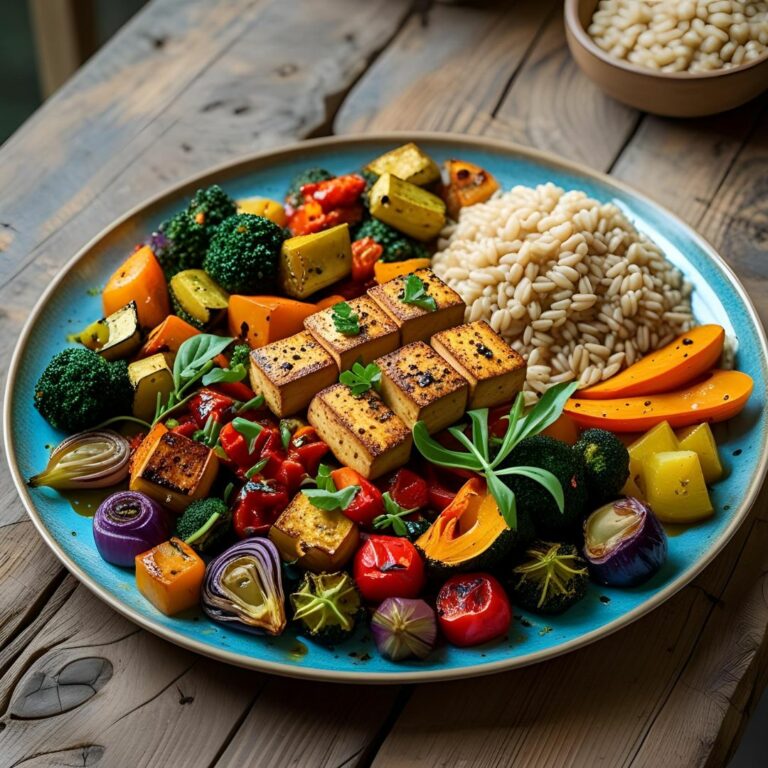 Une belle assiette végétalienne colorée (tofu, légumes rôtis, céréales)