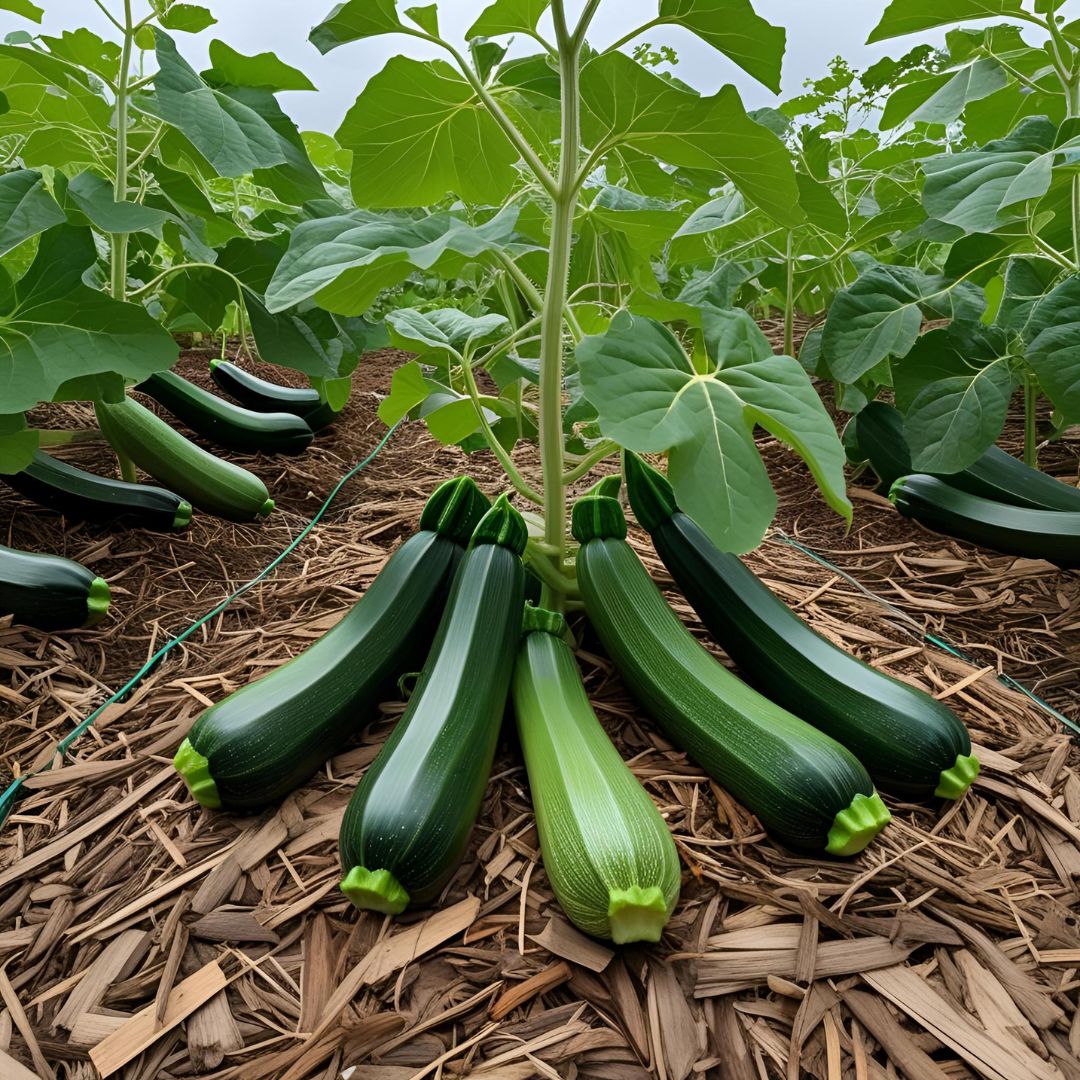 Un paillage au pied de plants de courgettes