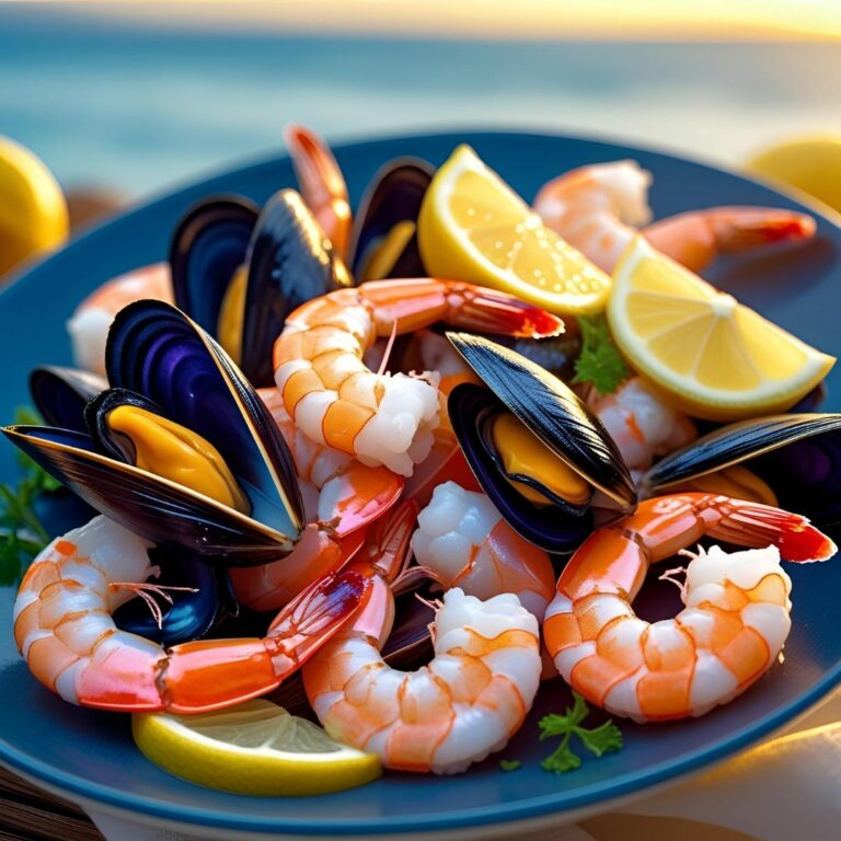 Assiette composée de moules et de crevettes