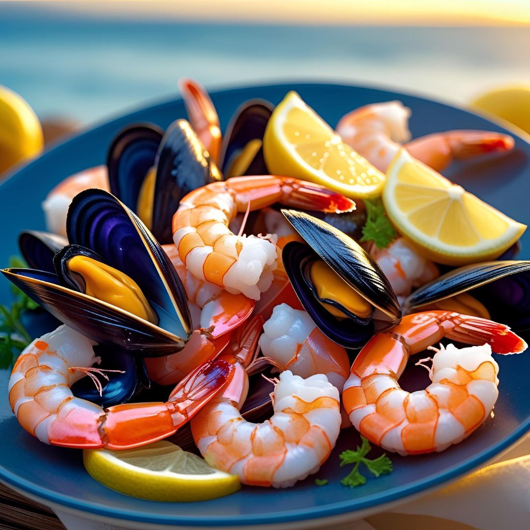 Assiette composée de moules et de crevettes