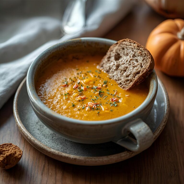 Bol de soupe de potimarron fumante, décorée de graines grillées