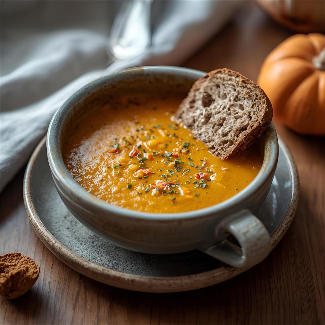 Bol de soupe de potimarron fumante, décorée de graines grillées