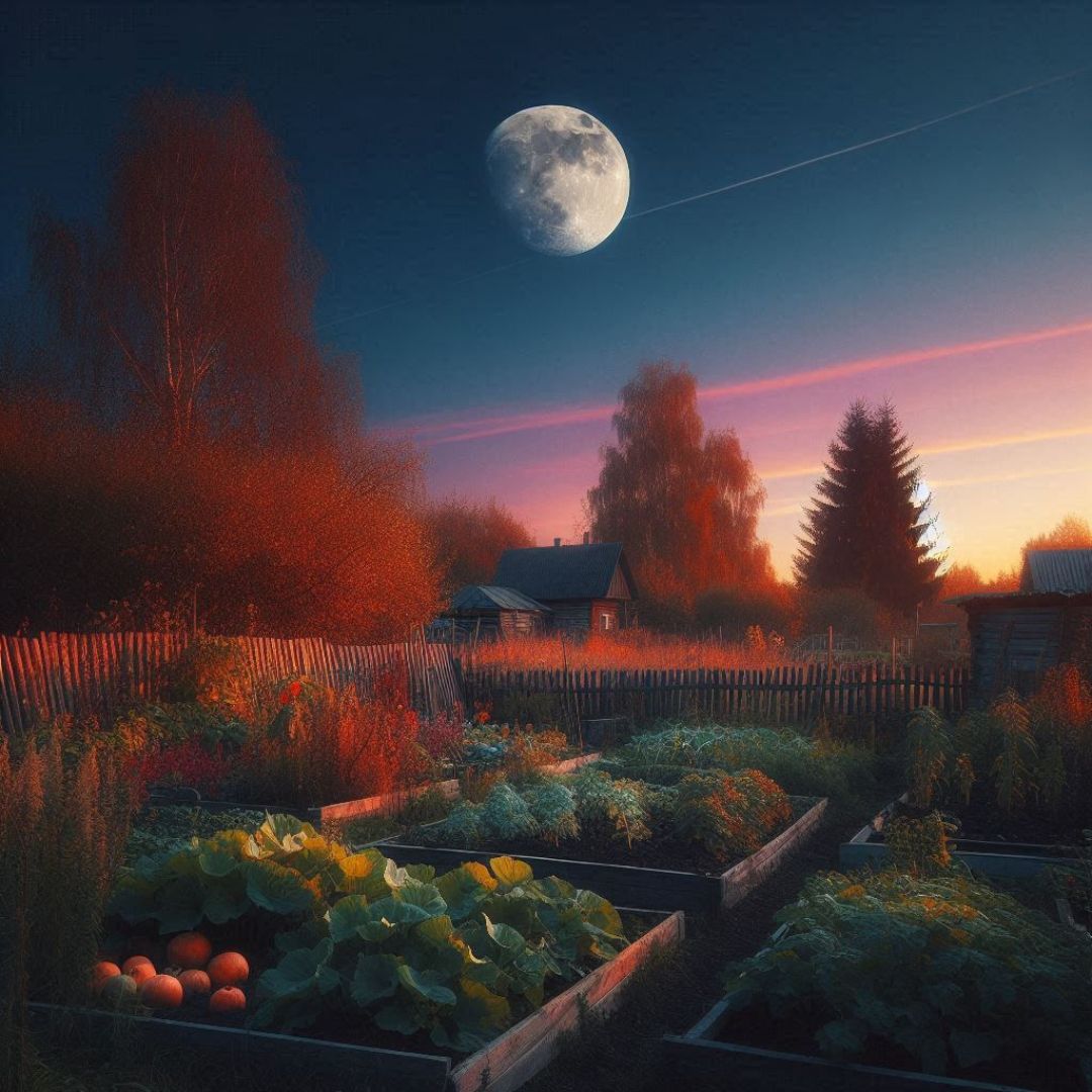 Lune dans un ciel d’automne au-dessus d’un potager.